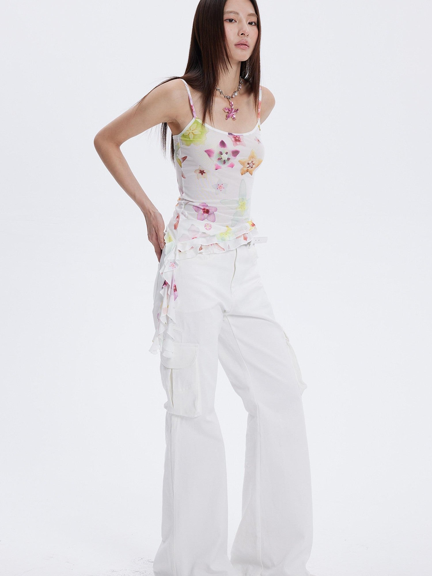 THELIGHT OFFICIAL Starfish Floral Printed Lace Trim Women's Polyester Blend Camisoles