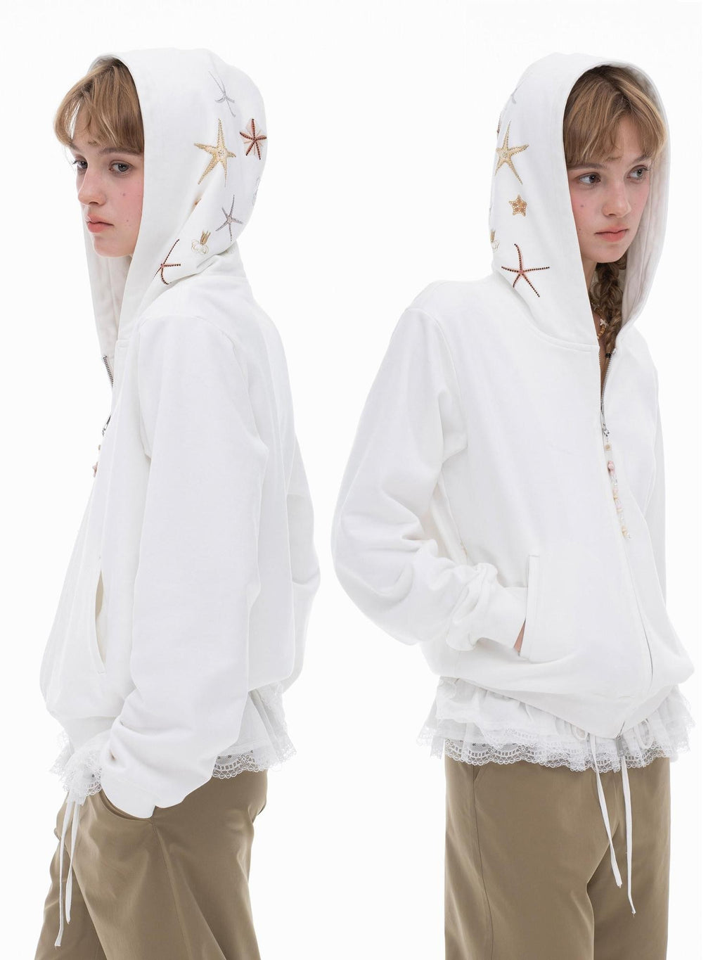 THELIGHT OFFICIAL Starfish Print Rhinestone Pendant Zipper Open Front Women's Cotton Hoodies