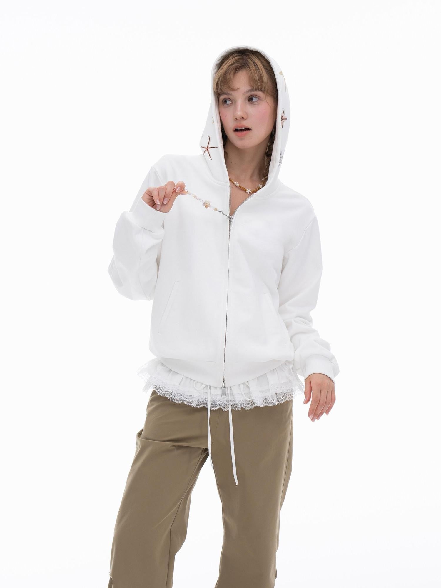 THELIGHT OFFICIAL Starfish Print Rhinestone Pendant Zipper Open Front Women's Cotton Hoodies