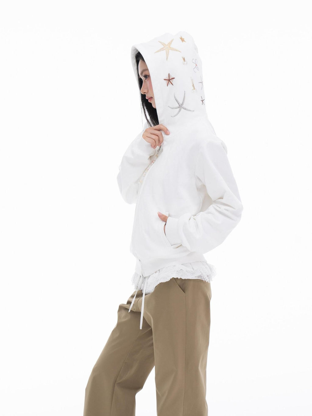 THELIGHT OFFICIAL Starfish Print Rhinestone Pendant Zipper Open Front Women's Cotton Hoodies