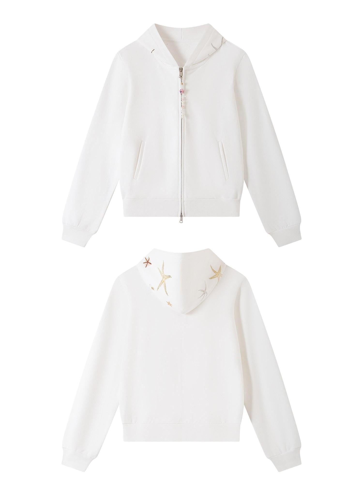 THELIGHT OFFICIAL Starfish Print Rhinestone Pendant Zipper Open Front Women's Cotton Hoodies