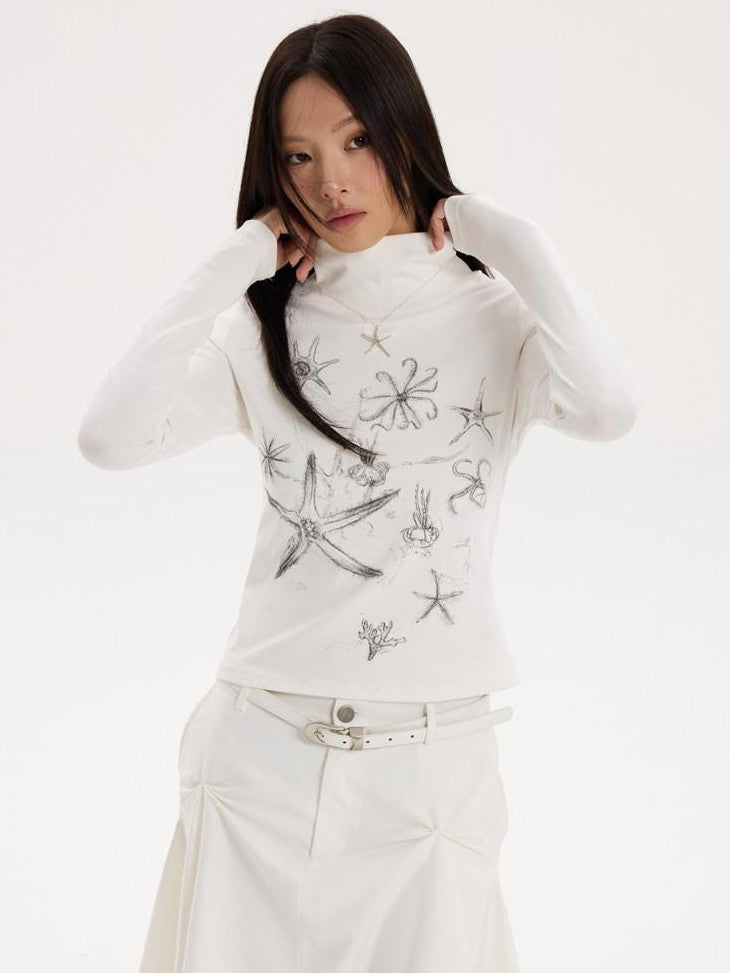 THELIGHT OFFICIAL Starfish Print Stacked Neck Slim Fit Women's Cotton Blend Long Sleeve T-shirts