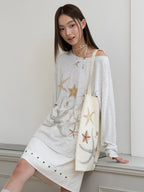 THELIGHT OFFICIAL Starfish Rhinestone Asymmetric Neck Women's Tencel Cotton Long Sleeve T-shirts