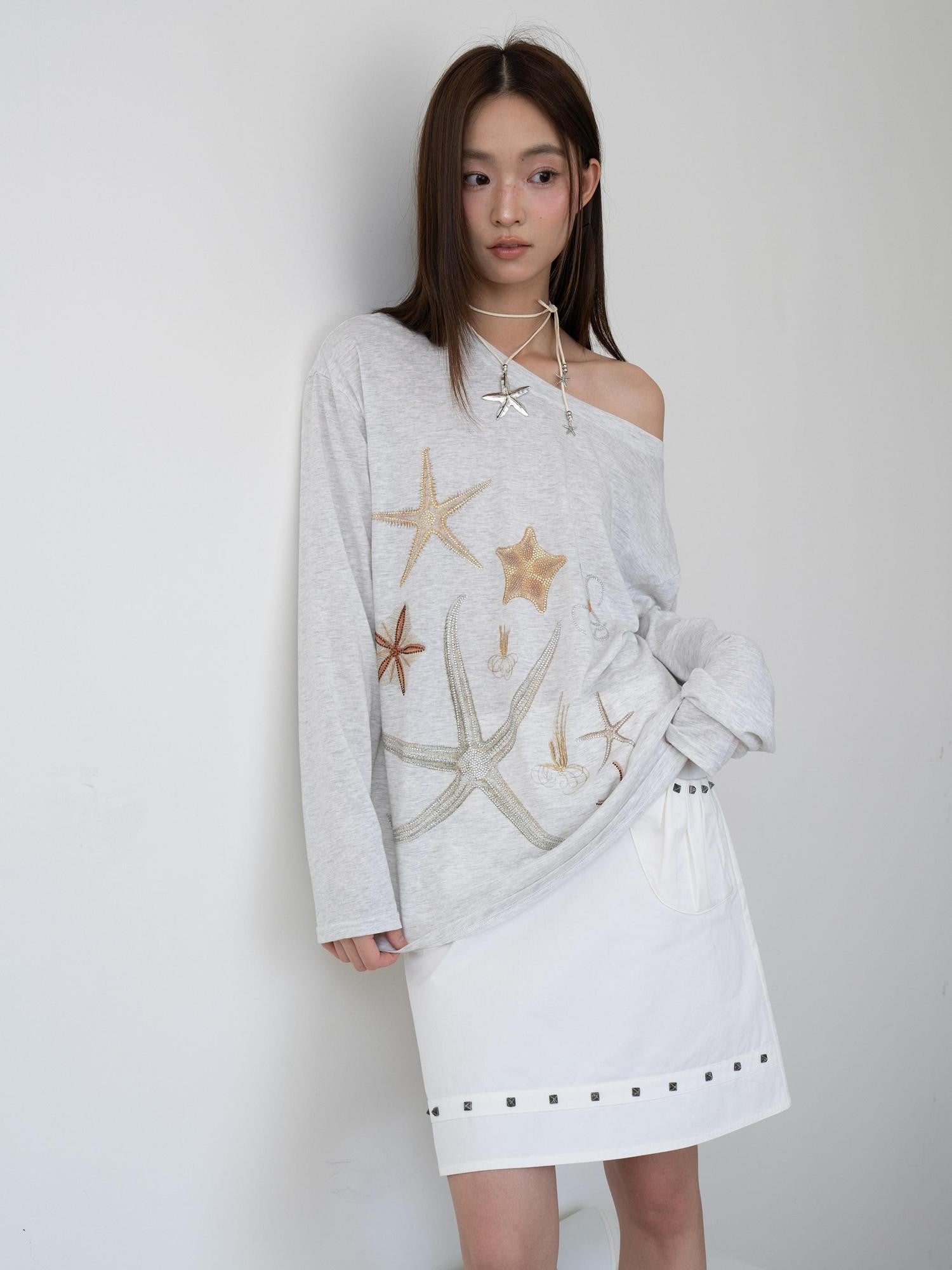 THELIGHT OFFICIAL Starfish Rhinestone Asymmetric Neck Women's Tencel Cotton Long Sleeve T-shirts