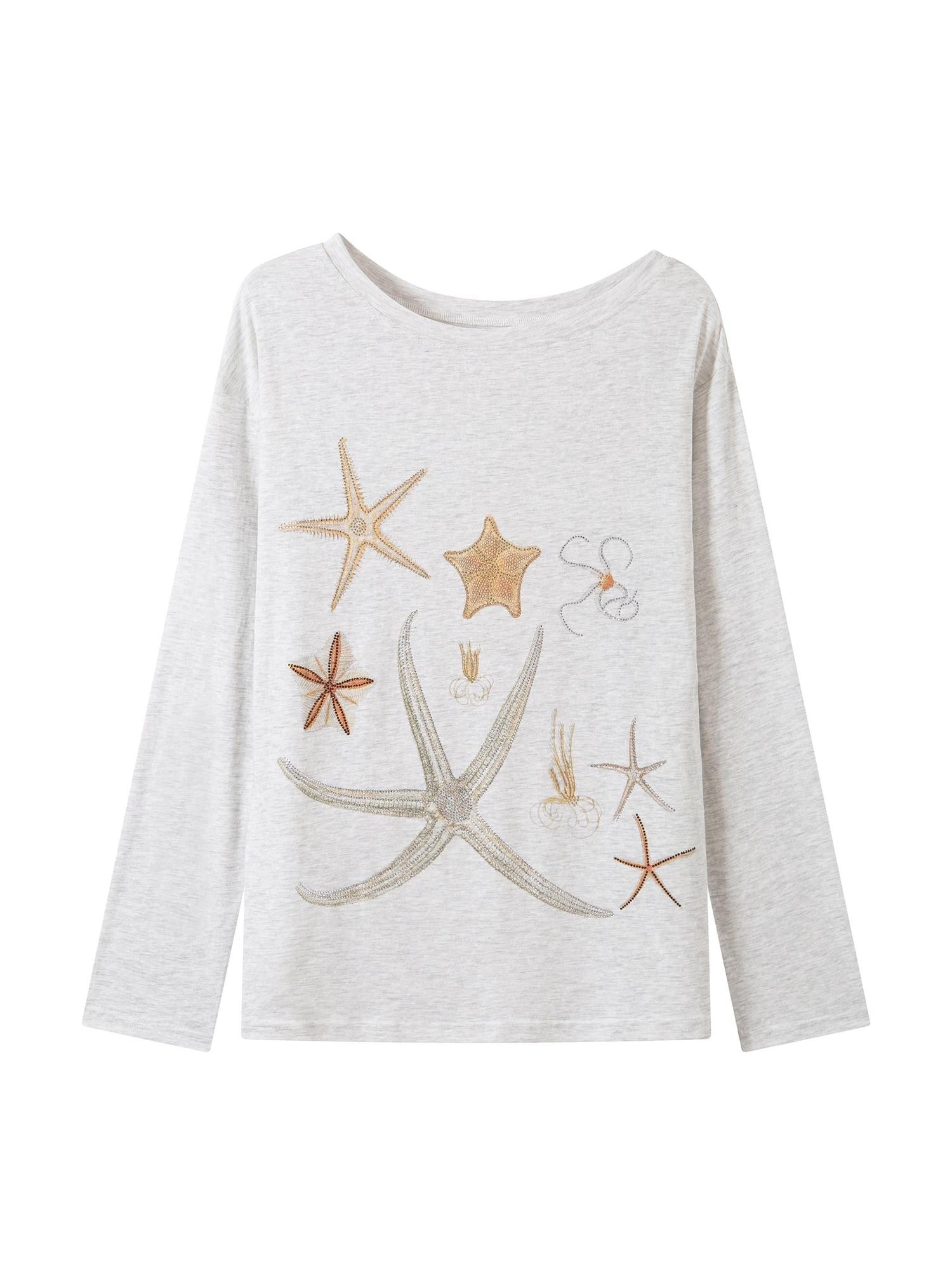 THELIGHT OFFICIAL Starfish Rhinestone Asymmetric Neck Women's Tencel Cotton Long Sleeve T-shirts