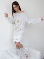 THELIGHT OFFICIAL Starfish Rhinestone Asymmetric Neck Women's Tencel Cotton Long Sleeve T-shirts