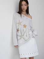 THELIGHT OFFICIAL Starfish Rhinestone Asymmetric Neck Women's Tencel Cotton Long Sleeve T-shirts