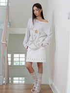 THELIGHT OFFICIAL Starfish Rhinestone Asymmetric Neck Women's Tencel Cotton Long Sleeve T-shirts