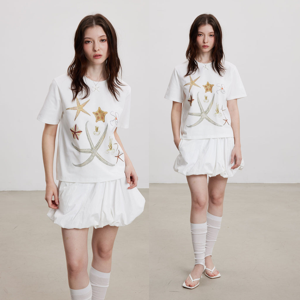 THELIGHT OFFICIAL Starfish Rhinestone Embroidered Print Women's Cotton Short Sleeve T-shirts 899989585120