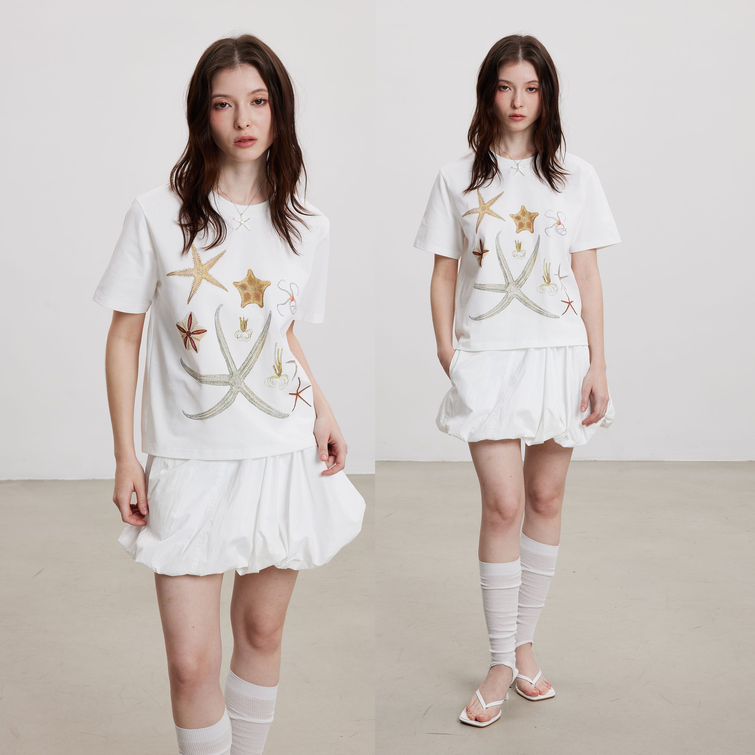THELIGHT OFFICIAL Starfish Rhinestone Embroidered Print Women's Cotton Short Sleeve T-shirts 899989585120