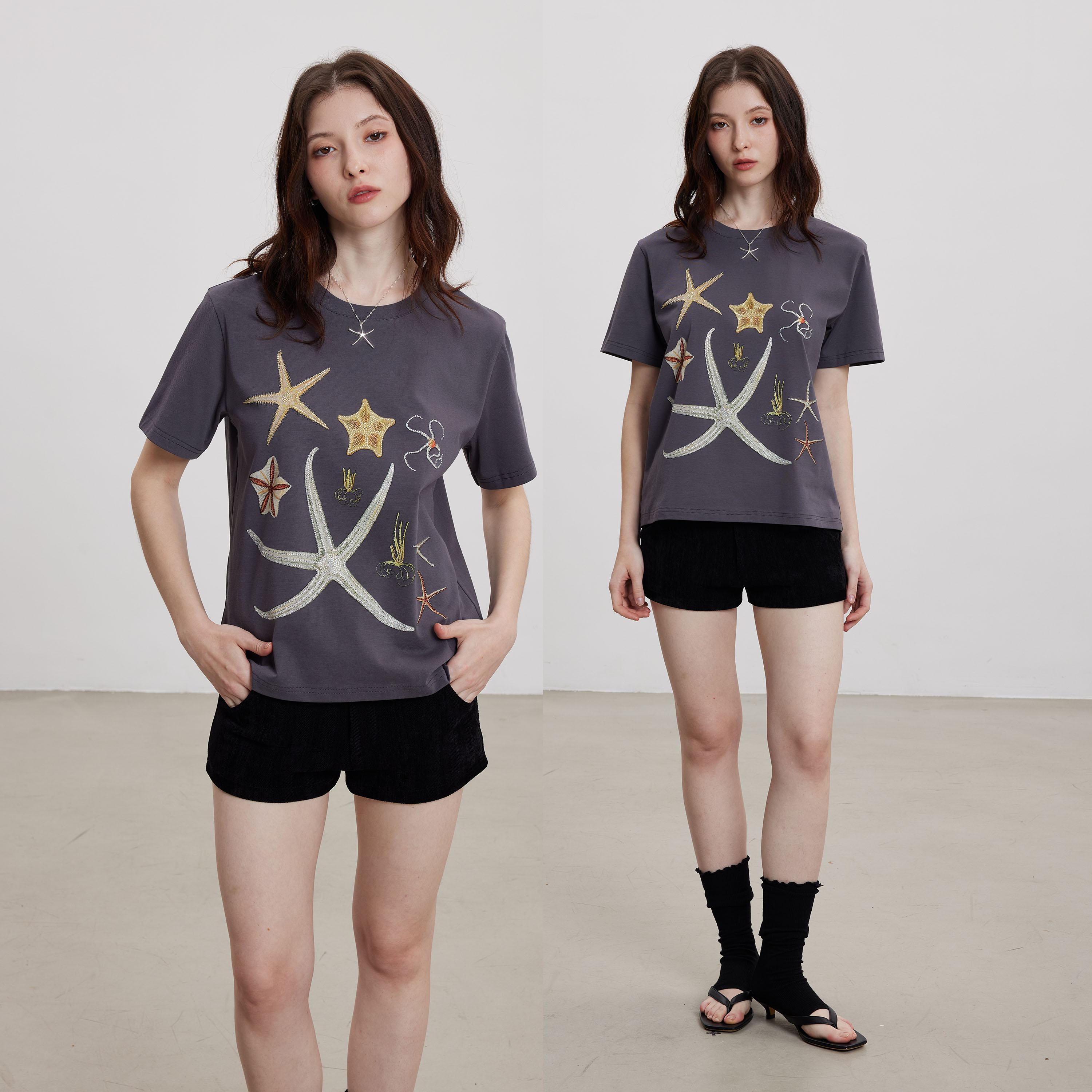 THELIGHT OFFICIAL Starfish Rhinestone Embroidered Print Women's Cotton Short Sleeve T-shirts 899989585120