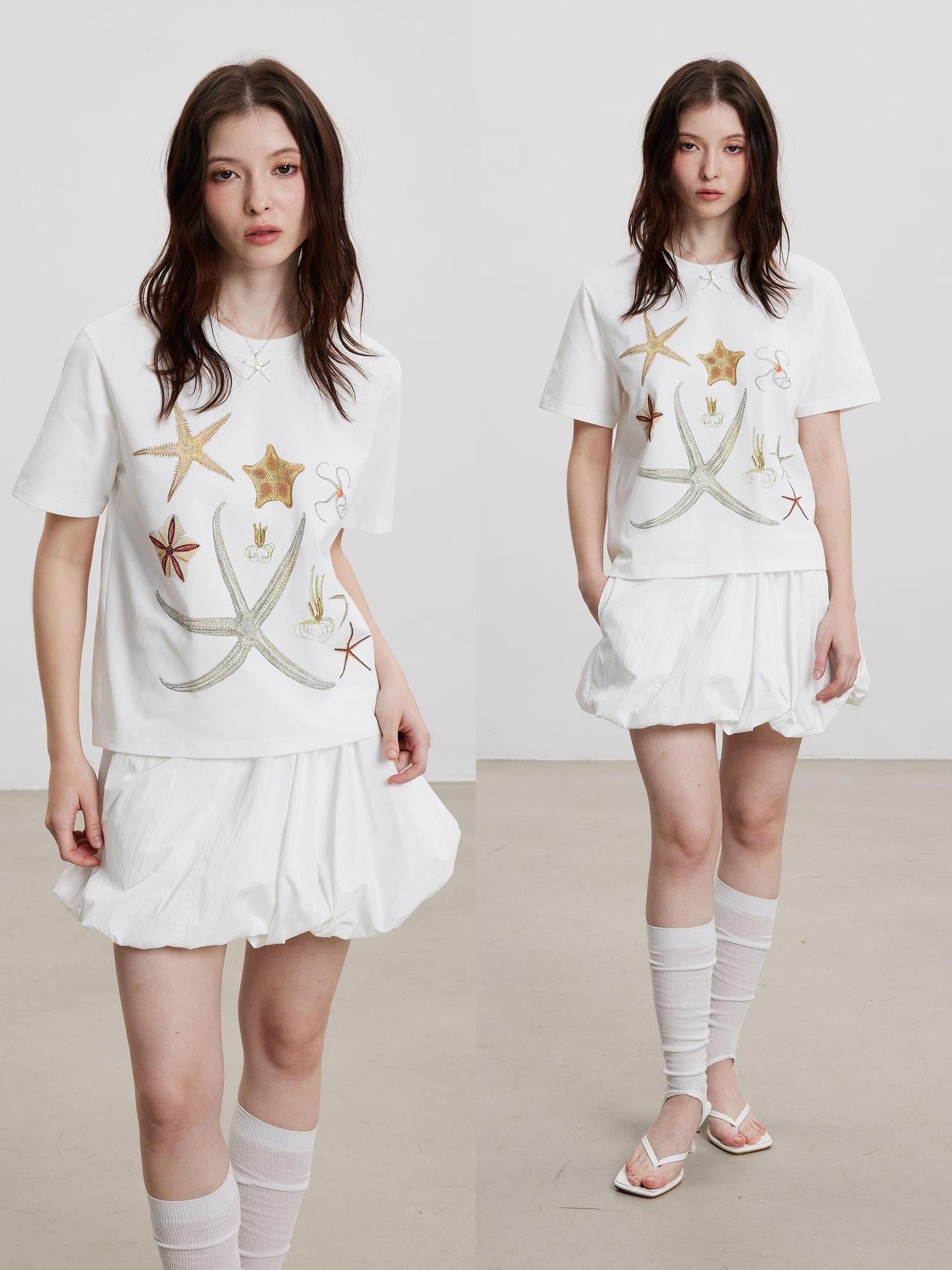THELIGHT OFFICIAL Starfish Rhinestone Embroidered Print Women's Cotton Short Sleeve T-shirts