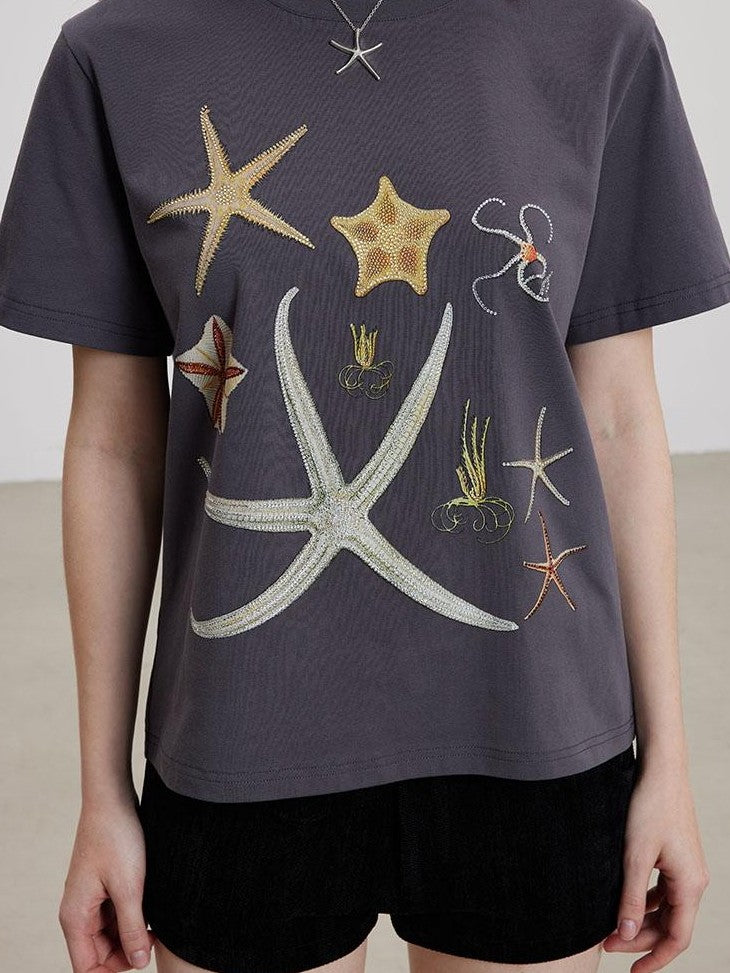 THELIGHT OFFICIAL Starfish Rhinestone Embroidered Print Women's Cotton Short Sleeve T-shirts