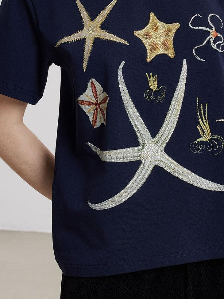THELIGHT OFFICIAL Starfish Rhinestone Embroidered Print Women's Cotton Short Sleeve T-shirts