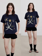 THELIGHT OFFICIAL Starfish Rhinestone Embroidered Print Women's Cotton Short Sleeve T-shirts