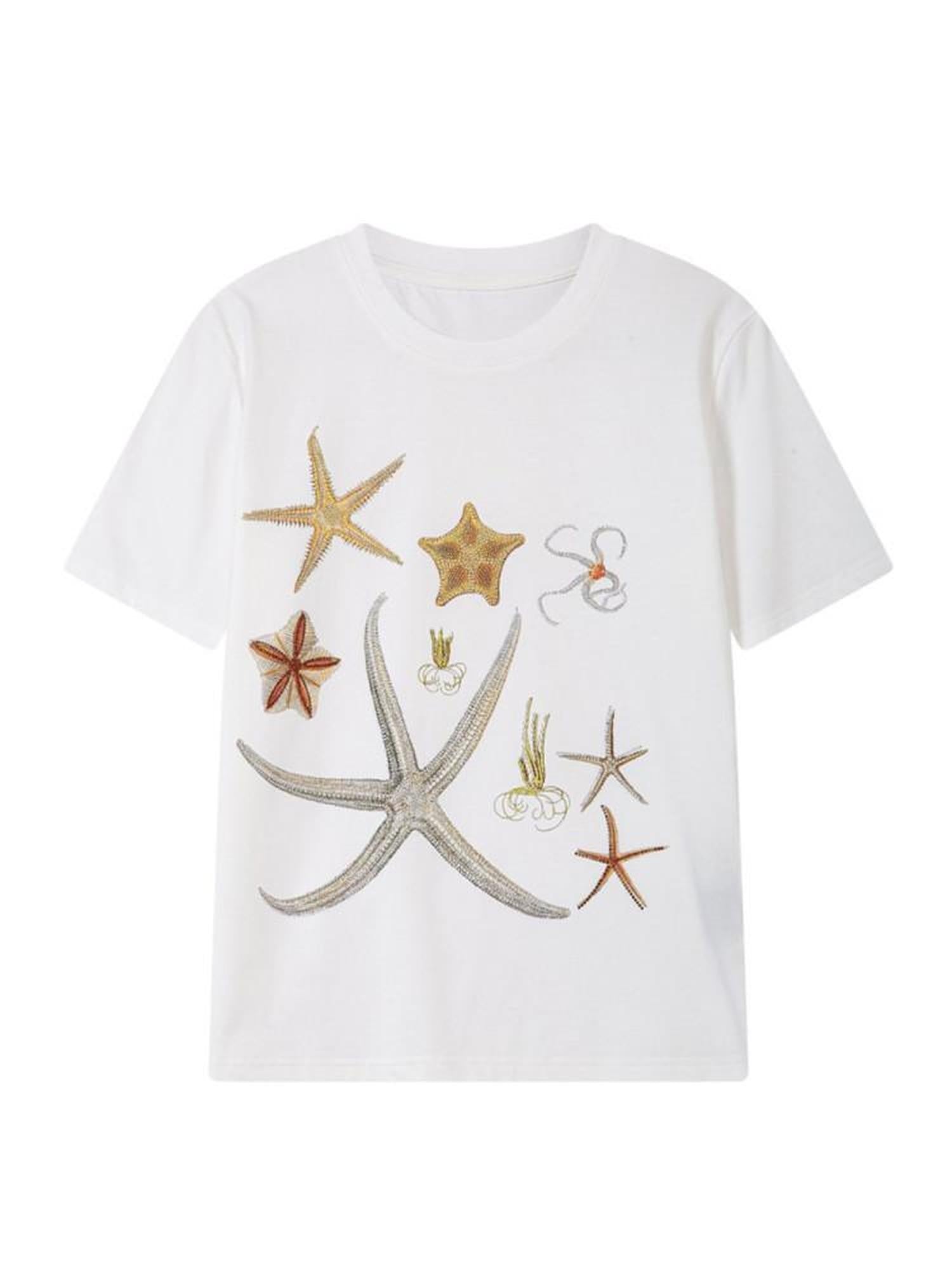 THELIGHT OFFICIAL Starfish Rhinestone Embroidered Print Women's Cotton Short Sleeve T-shirts
