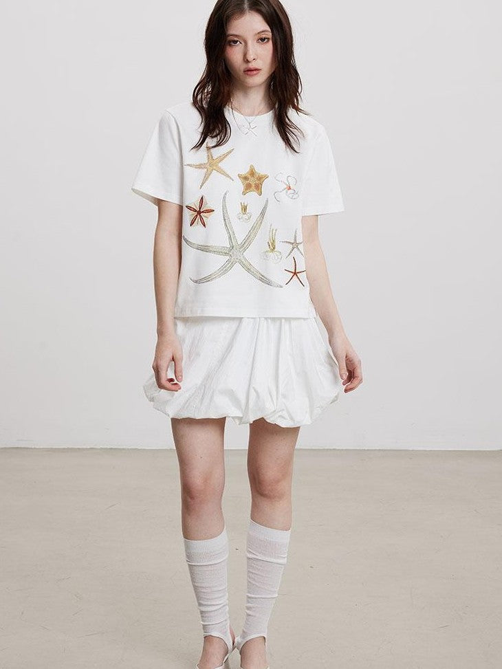 THELIGHT OFFICIAL Starfish Rhinestone Embroidered Print Women's Cotton Short Sleeve T-shirts