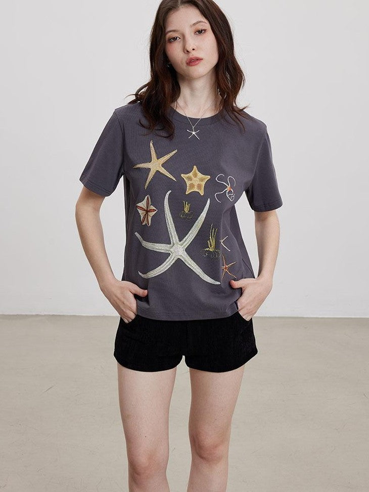 THELIGHT OFFICIAL Starfish Rhinestone Embroidered Print Women's Cotton Short Sleeve T-shirts