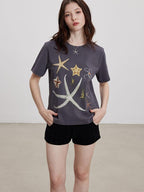THELIGHT OFFICIAL Starfish Rhinestone Embroidered Print Women's Cotton Short Sleeve T-shirts