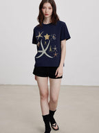 THELIGHT OFFICIAL Starfish Rhinestone Embroidered Print Women's Cotton Short Sleeve T-shirts