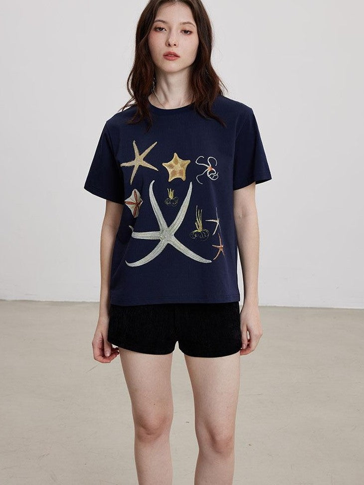 THELIGHT OFFICIAL Starfish Rhinestone Embroidered Print Women's Cotton Short Sleeve T-shirts
