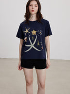 THELIGHT OFFICIAL Starfish Rhinestone Embroidered Print Women's Cotton Short Sleeve T-shirts