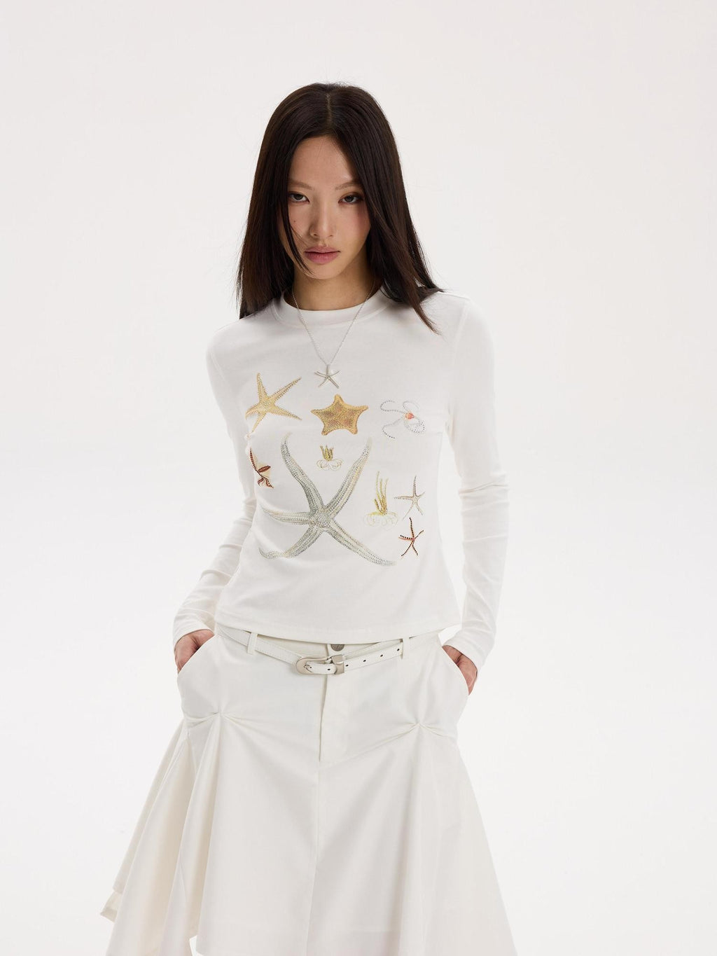 THELIGHT OFFICIAL Starfish Rhinestone Slim Fit Women's Breathable Cotton Long Sleeve T-shirts