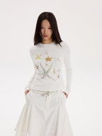 THELIGHT OFFICIAL Starfish Rhinestone Slim Fit Women's Breathable Cotton Long Sleeve T-shirts