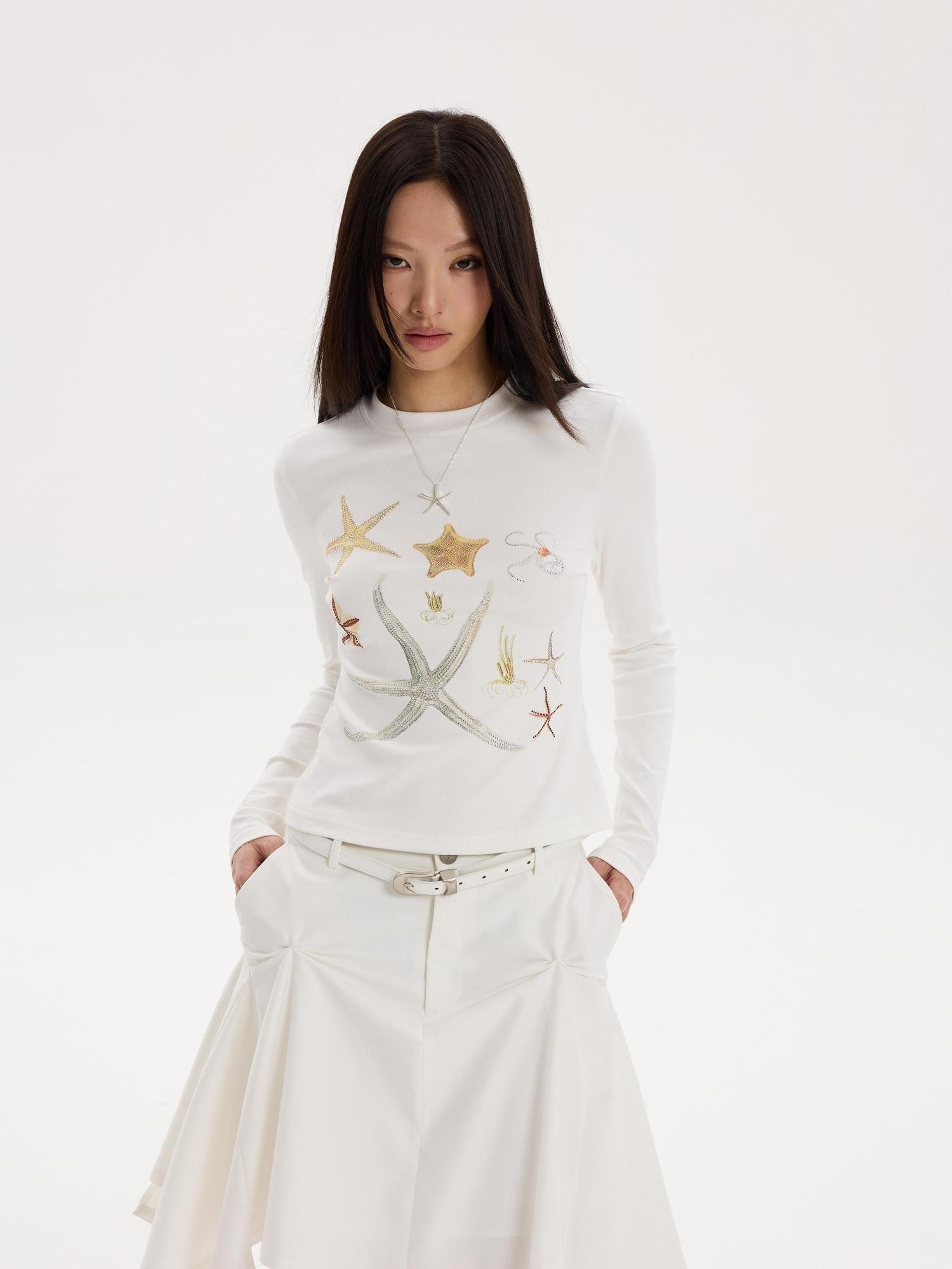 THELIGHT OFFICIAL Starfish Rhinestone Slim Fit Women's Breathable Cotton Long Sleeve T-shirts
