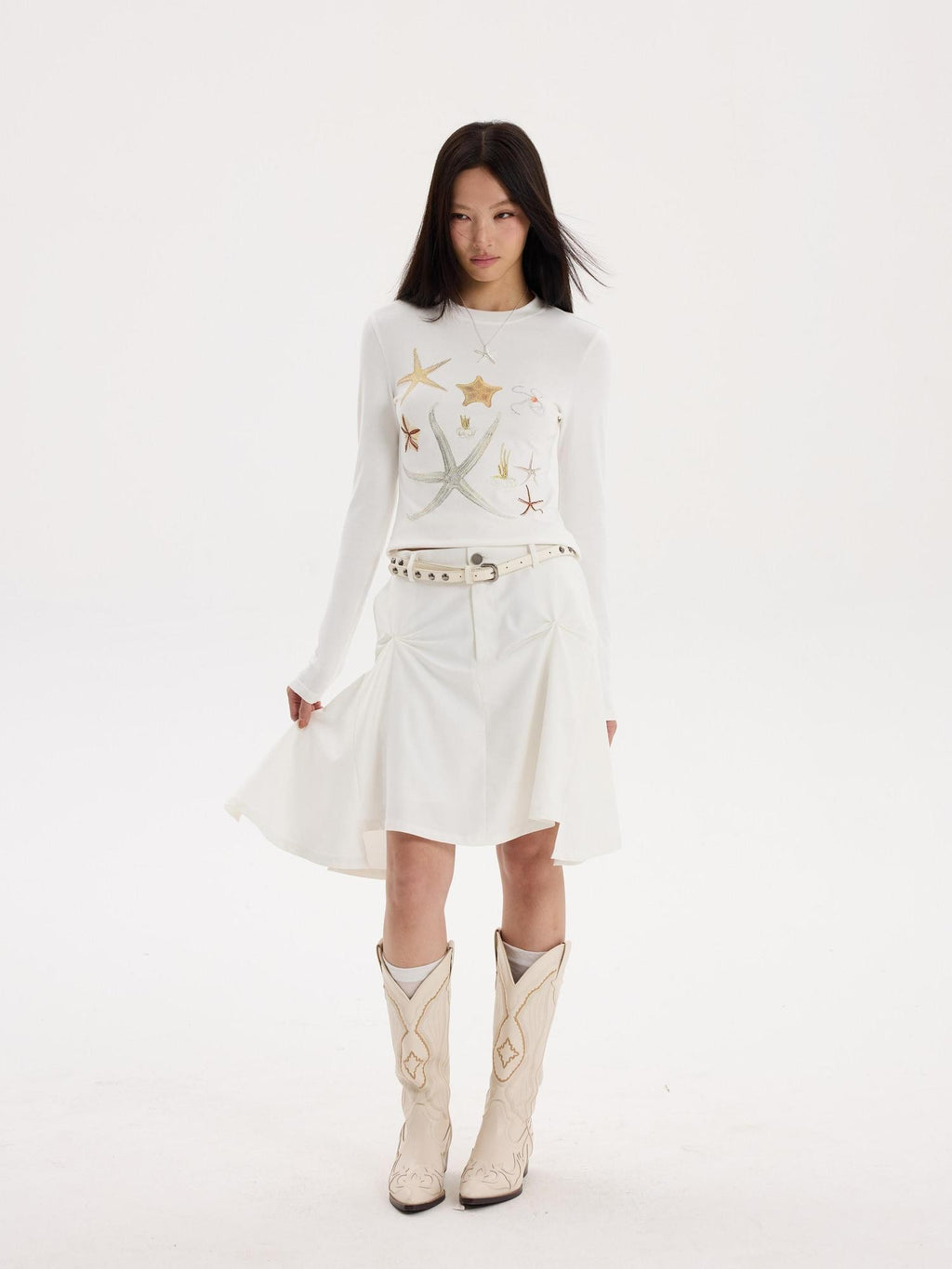 THELIGHT OFFICIAL Starfish Rhinestone Slim Fit Women's Breathable Cotton Long Sleeve T-shirts