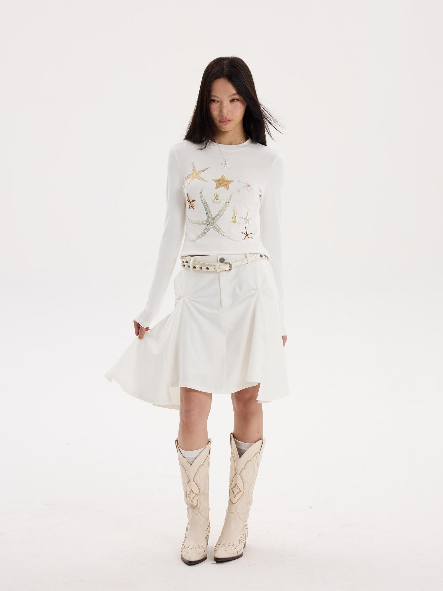 THELIGHT OFFICIAL Starfish Rhinestone Slim Fit Women's Breathable Cotton Long Sleeve T-shirts