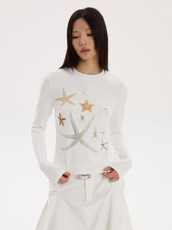 THELIGHT OFFICIAL Starfish Rhinestone Slim Fit Women's Breathable Cotton Long Sleeve T-shirts
