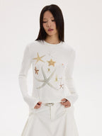 THELIGHT OFFICIAL Starfish Rhinestone Slim Fit Women's Breathable Cotton Long Sleeve T-shirts