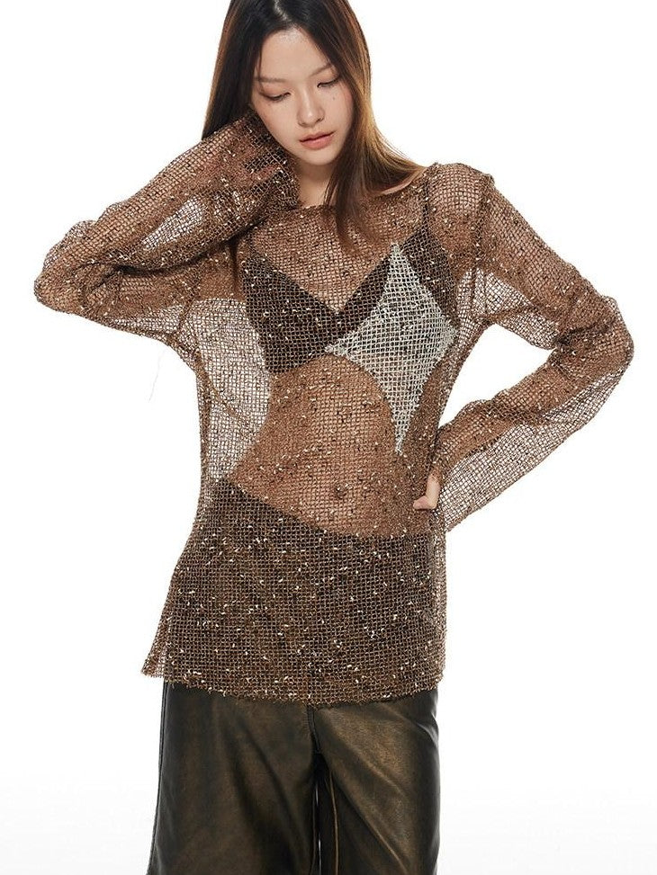 THELIGHT OFFICIAL Starry Diamond Mesh Cutout Loose Women's Polyester Long Sleeve T-shirts