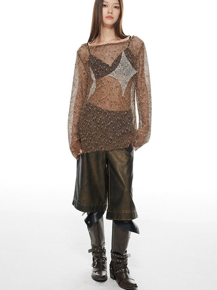 THELIGHT OFFICIAL Starry Diamond Mesh Cutout Loose Women's Polyester Long Sleeve T-shirts