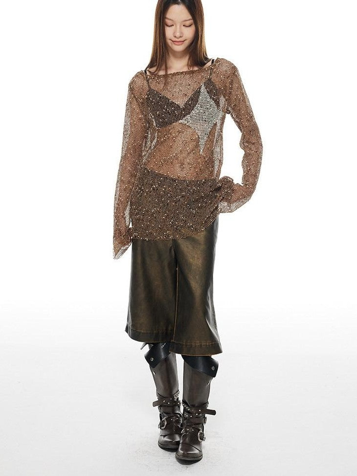 THELIGHT OFFICIAL Starry Diamond Mesh Cutout Loose Women's Polyester Long Sleeve T-shirts