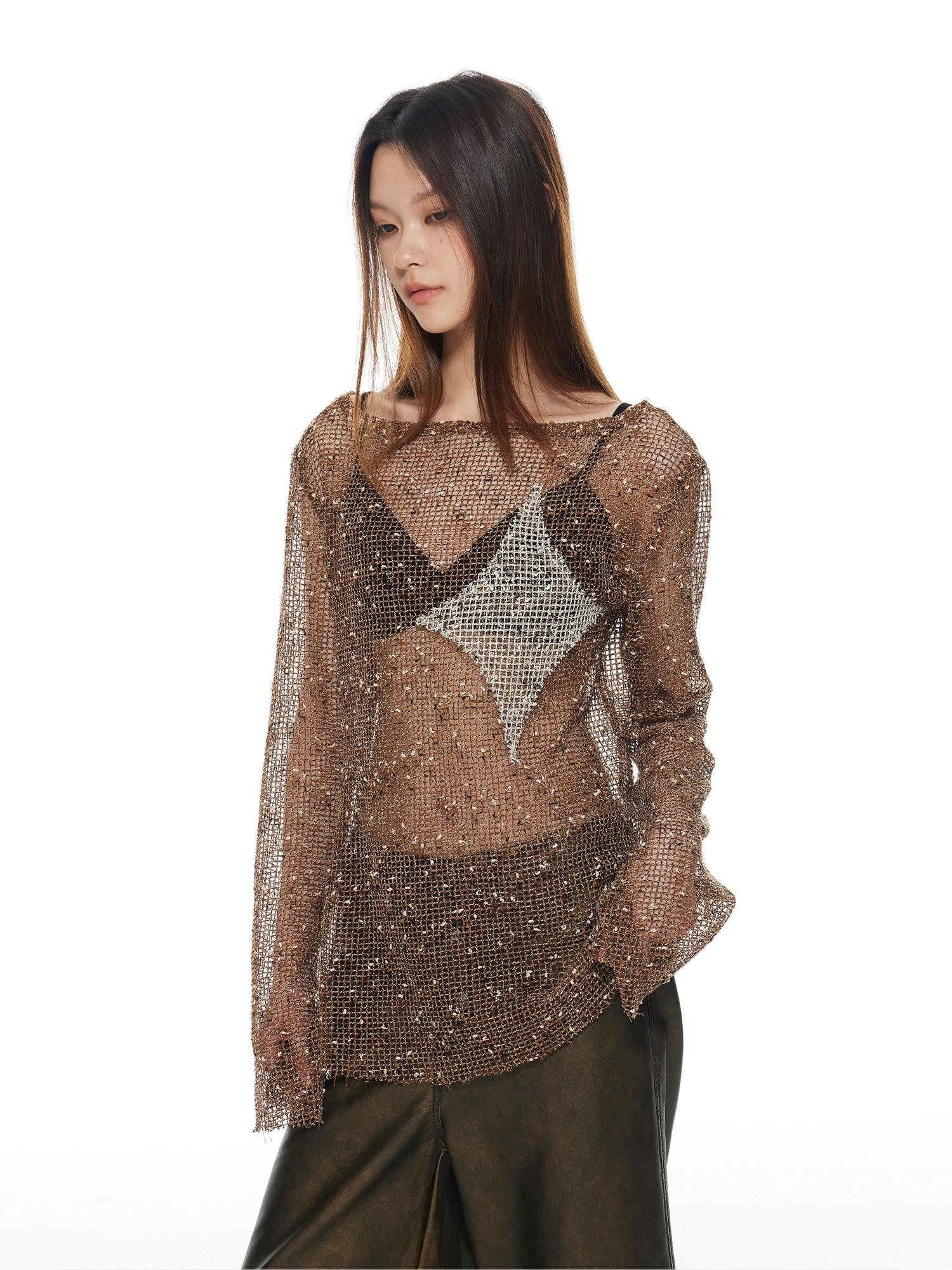 THELIGHT OFFICIAL Starry Diamond Mesh Cutout Loose Women's Polyester Long Sleeve T-shirts