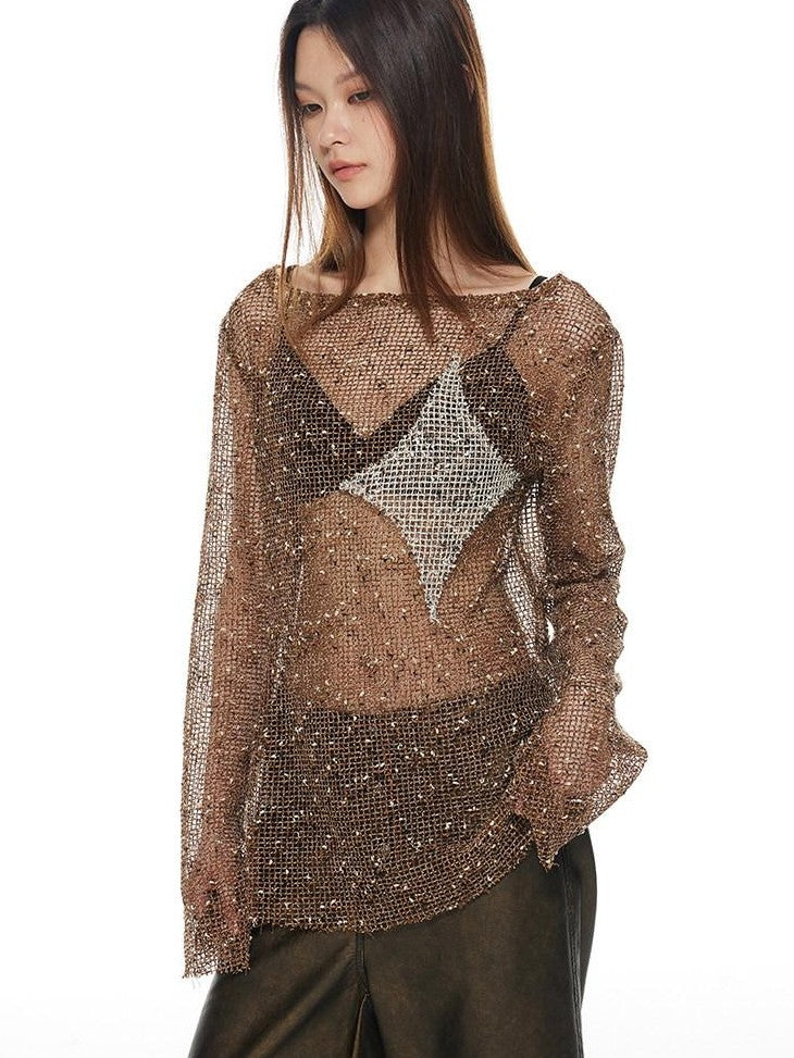 THELIGHT OFFICIAL Starry Diamond Mesh Cutout Loose Women's Polyester Long Sleeve T-shirts