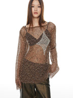 THELIGHT OFFICIAL Starry Diamond Mesh Cutout Loose Women's Polyester Long Sleeve T-shirts
