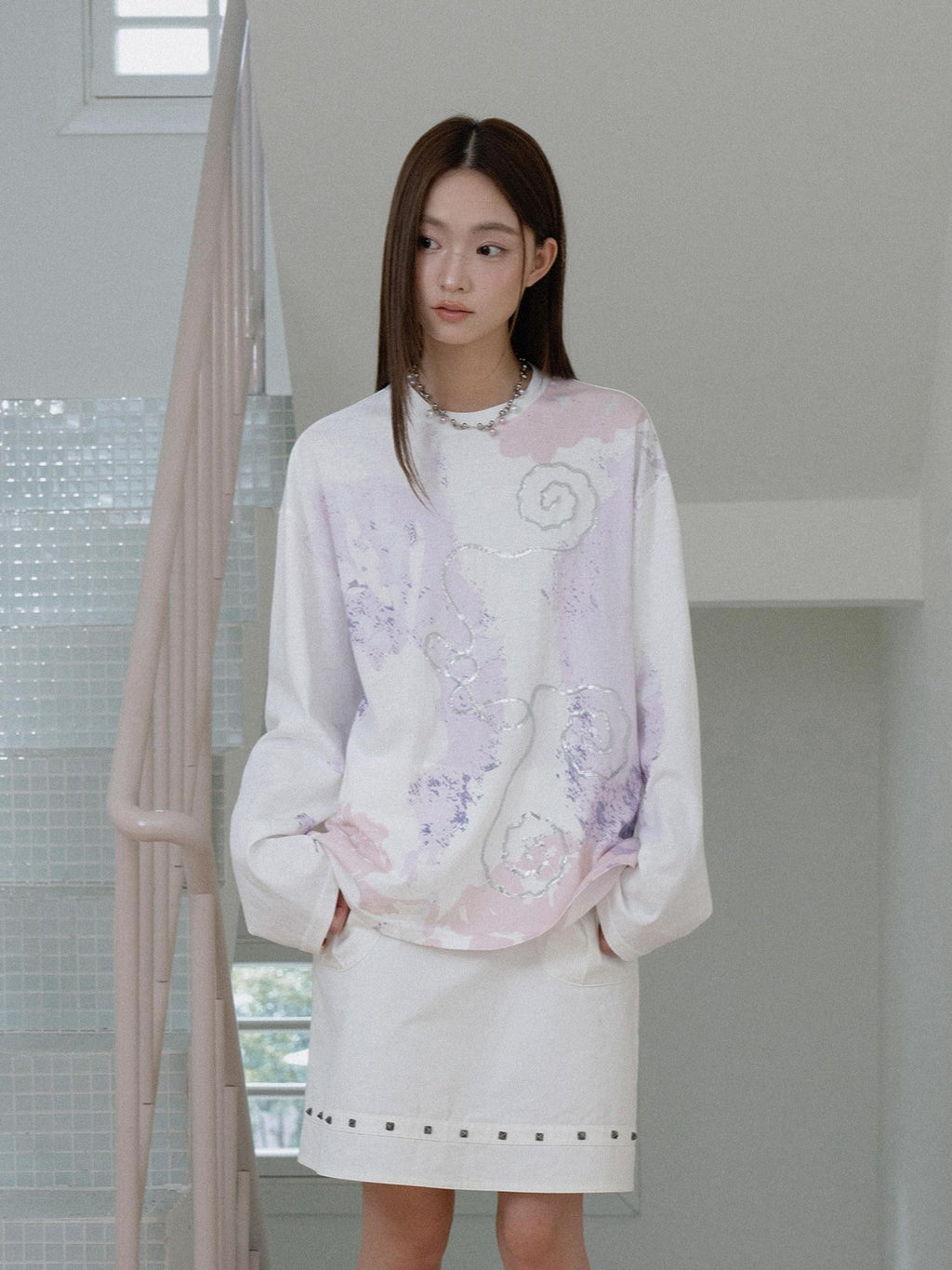 THELIGHT OFFICIAL Totem Print Silver Foil Sequin Abstract Women's Cotton Long Sleeve T-shirts