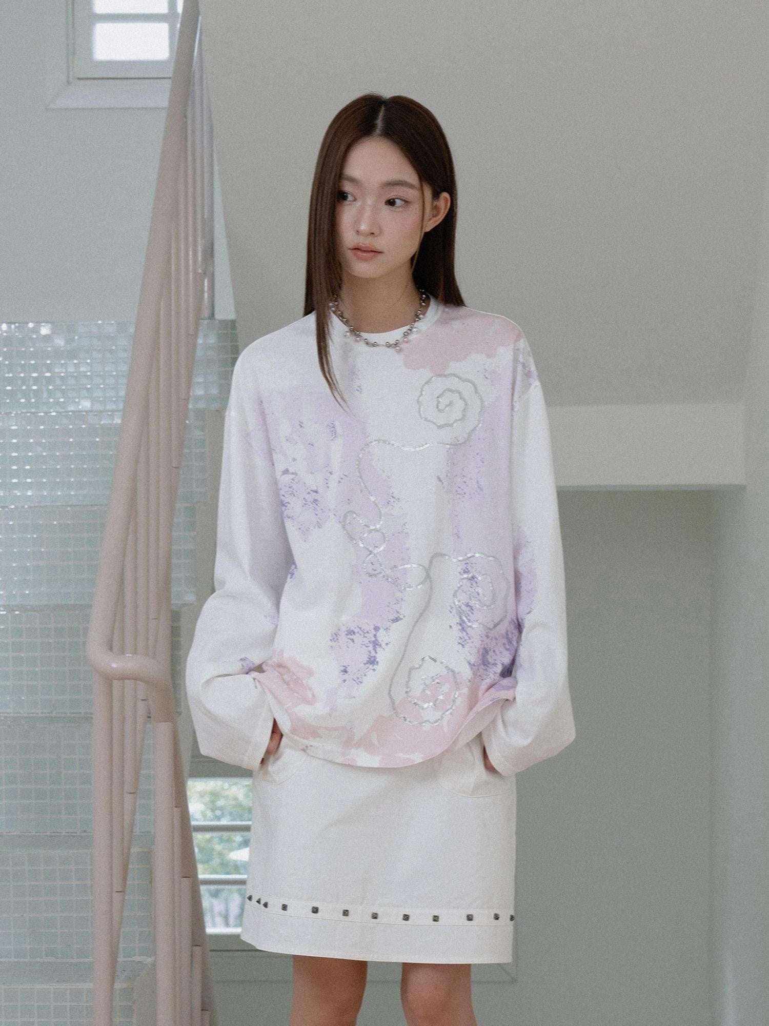 THELIGHT OFFICIAL Totem Print Silver Foil Sequin Abstract Women's Cotton Long Sleeve T-shirts