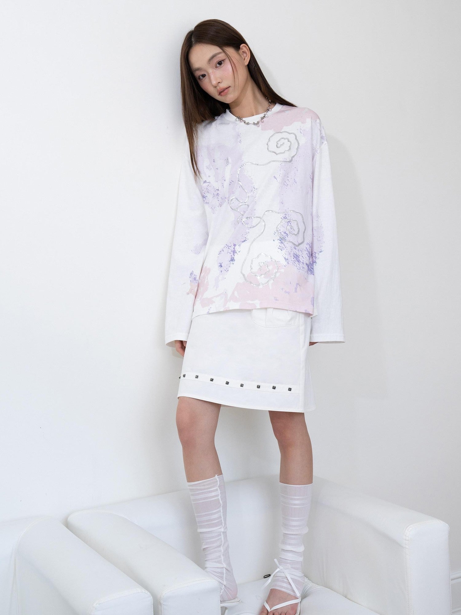 THELIGHT OFFICIAL Totem Print Silver Foil Sequin Abstract Women's Cotton Long Sleeve T-shirts