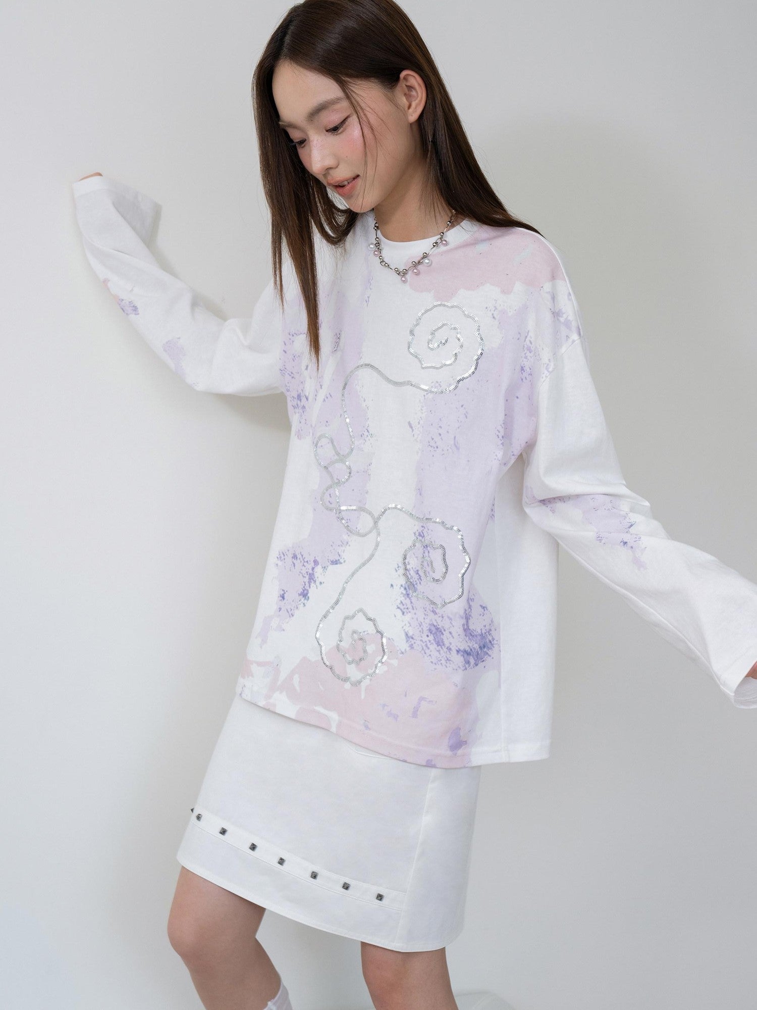 THELIGHT OFFICIAL Totem Print Silver Foil Sequin Abstract Women's Cotton Long Sleeve T-shirts