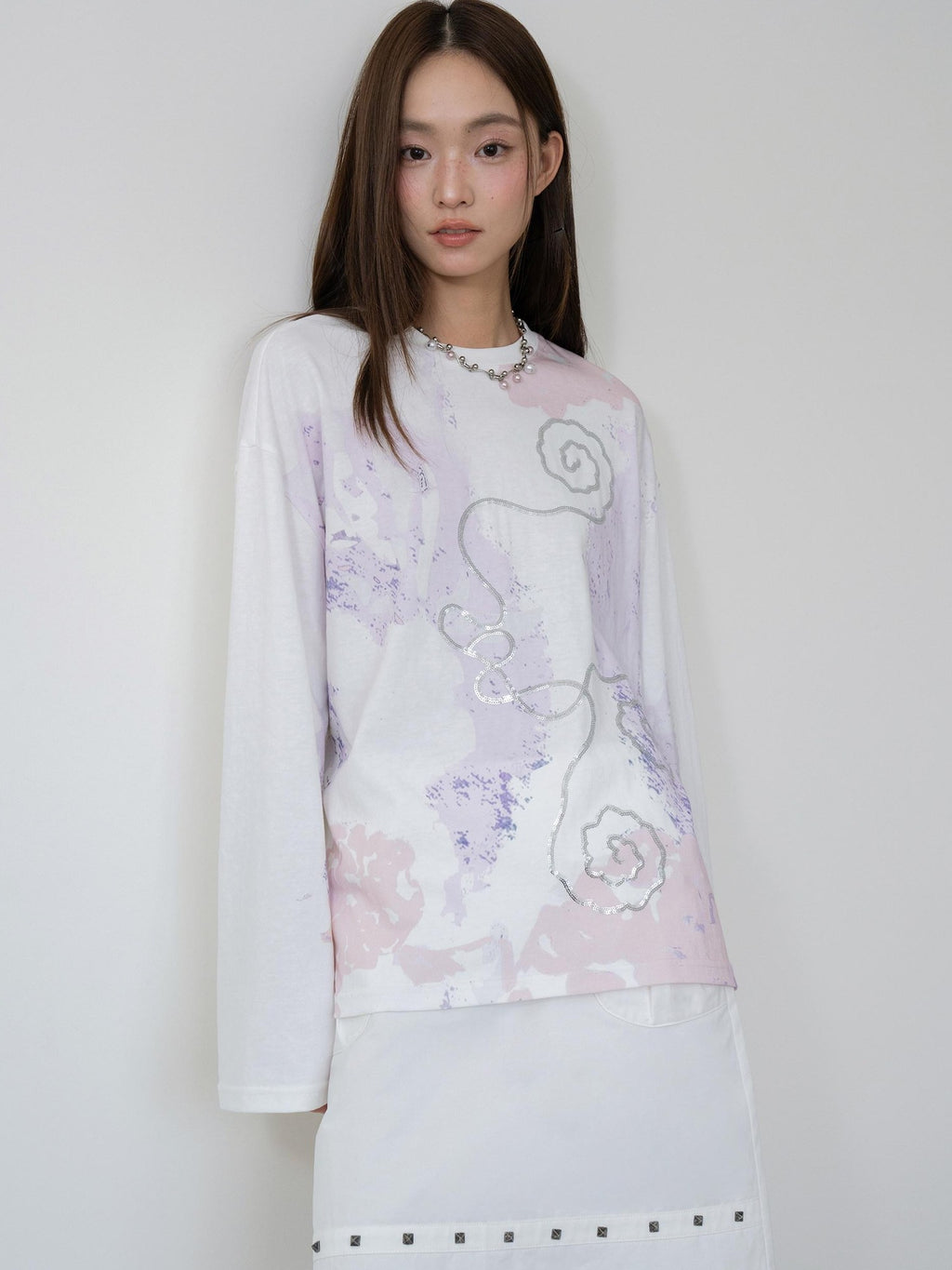 THELIGHT OFFICIAL Totem Print Silver Foil Sequin Abstract Women's Cotton Long Sleeve T-shirts