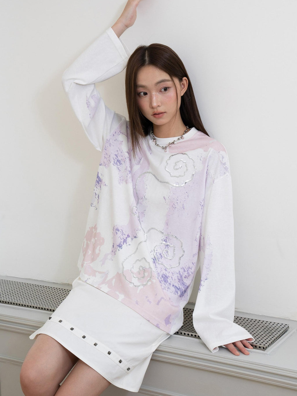 THELIGHT OFFICIAL Totem Print Silver Foil Sequin Abstract Women's Cotton Long Sleeve T-shirts