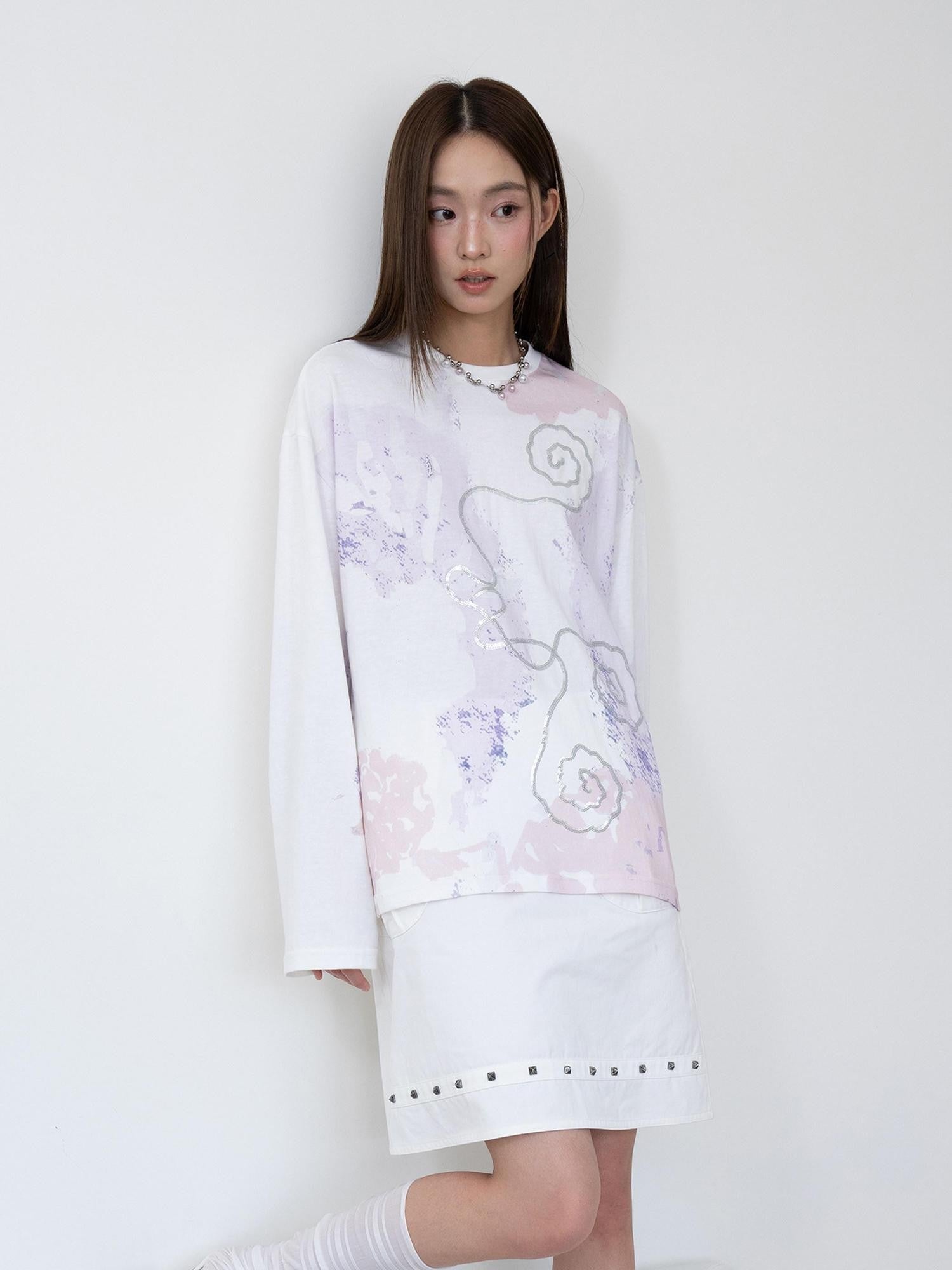 THELIGHT OFFICIAL Totem Print Silver Foil Sequin Abstract Women's Cotton Long Sleeve T-shirts