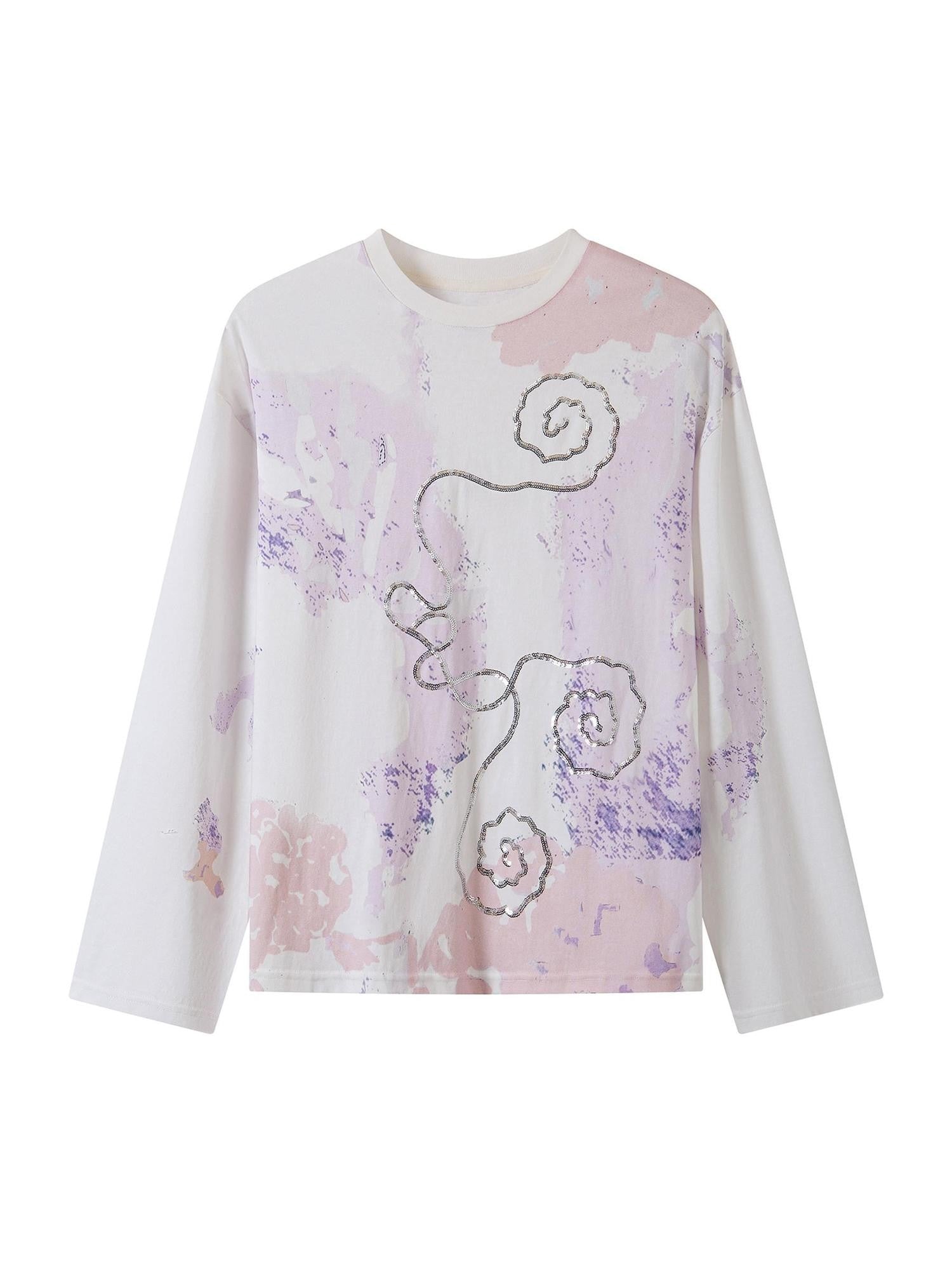 THELIGHT OFFICIAL Totem Print Silver Foil Sequin Abstract Women's Cotton Long Sleeve T-shirts