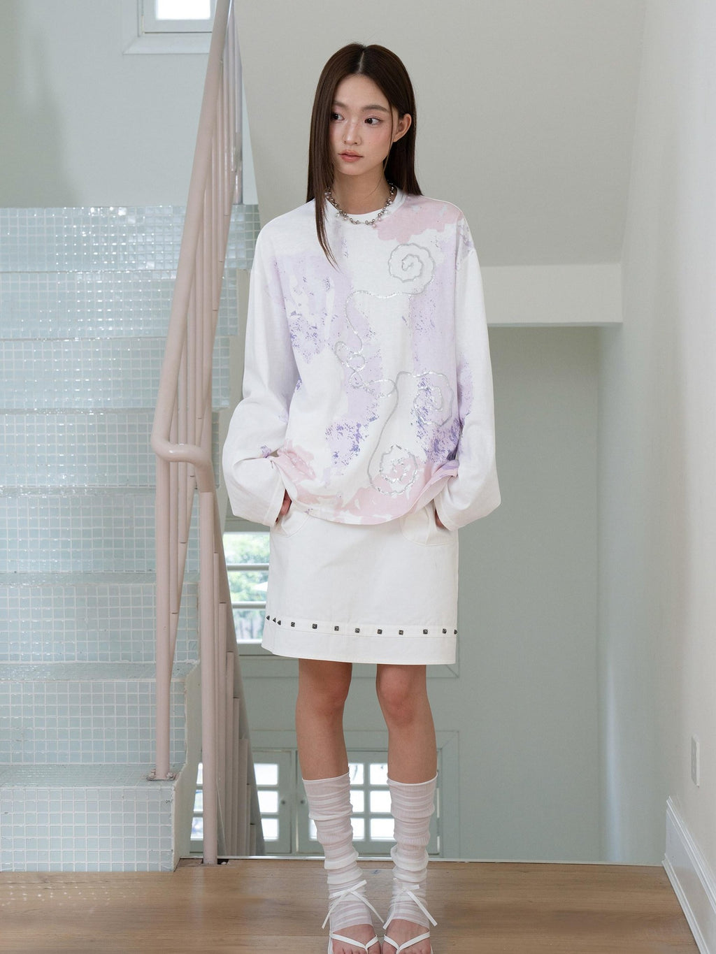 THELIGHT OFFICIAL Totem Print Silver Foil Sequin Abstract Women's Cotton Long Sleeve T-shirts