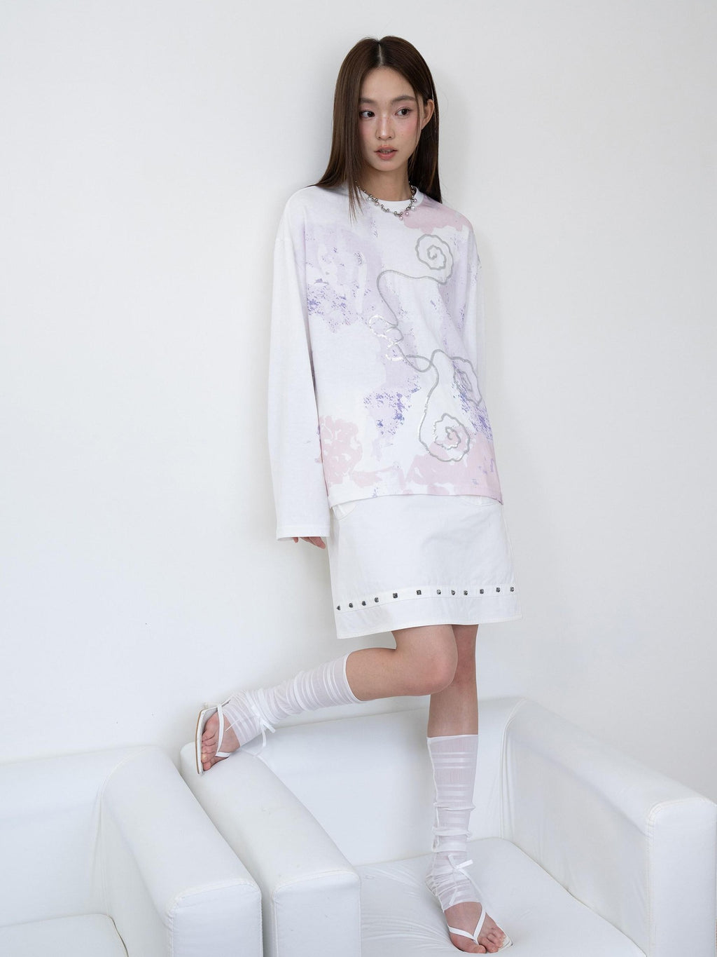 THELIGHT OFFICIAL Totem Print Silver Foil Sequin Abstract Women's Cotton Long Sleeve T-shirts