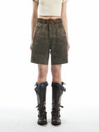THELIGHT OFFICIAL Vintage Camouflage Frayed Hem Workwear Women's Cotton Blend Short Trousers 770024013936